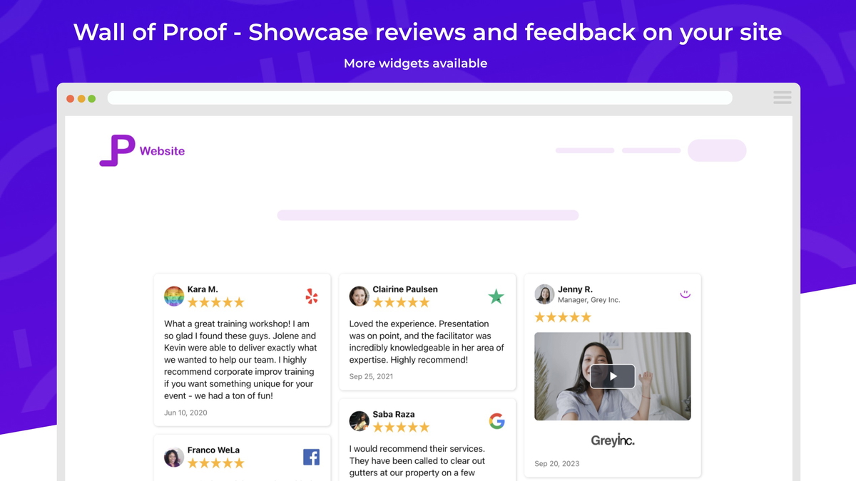 Showcase your testimonials, reviews and feedback beautifully on your website using our showcase widgets.