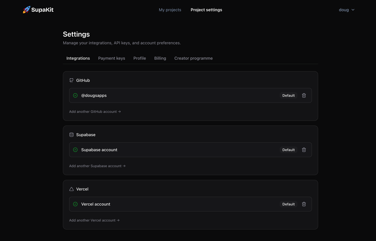 Integrate multiple GitHub, Supabase and Vercel accounts.