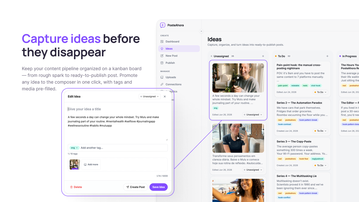 PosteAhora Ideas board with kanban columns — Unassigned, To Do and In Progress — and an open idea card being promoted to a post with one click.