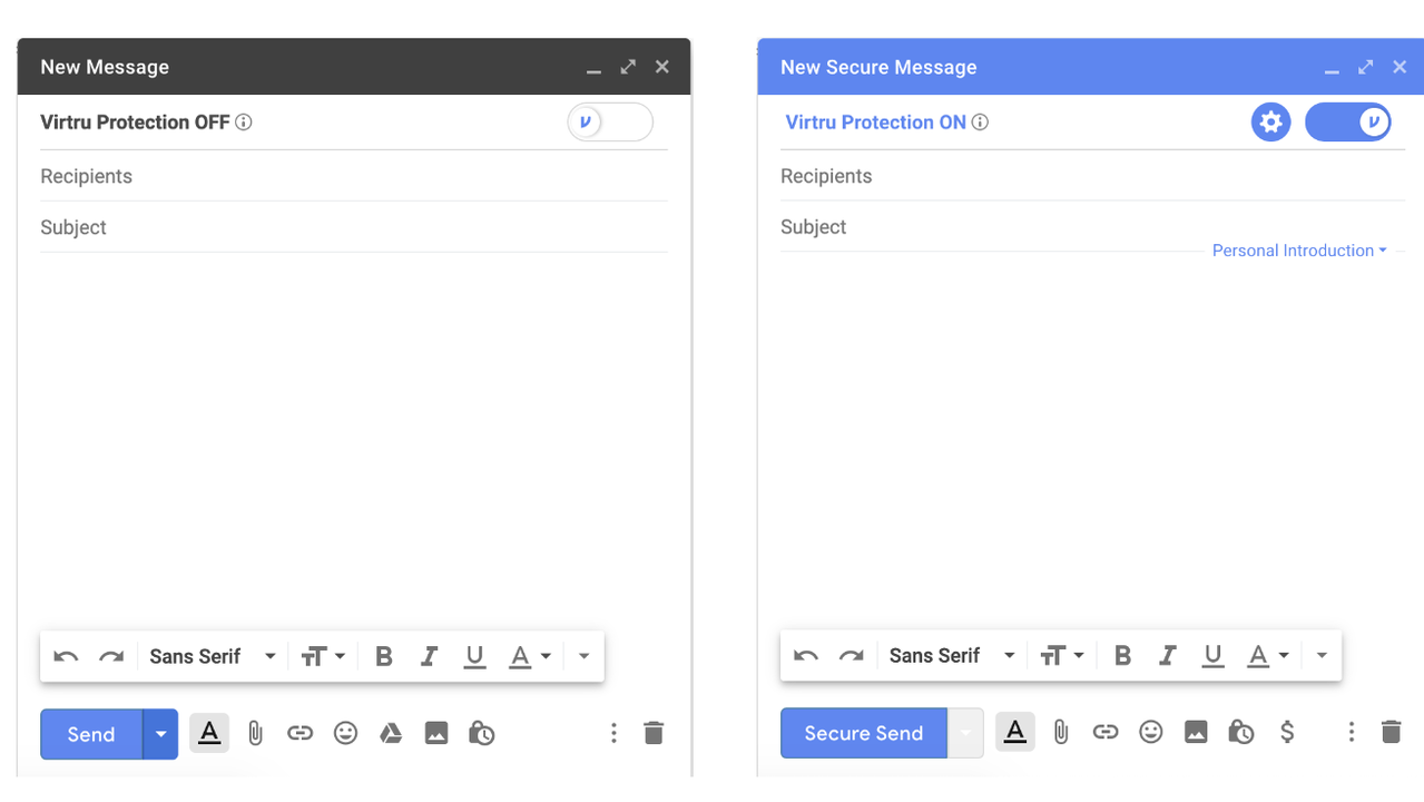 Toggle to turn on Virtru protection