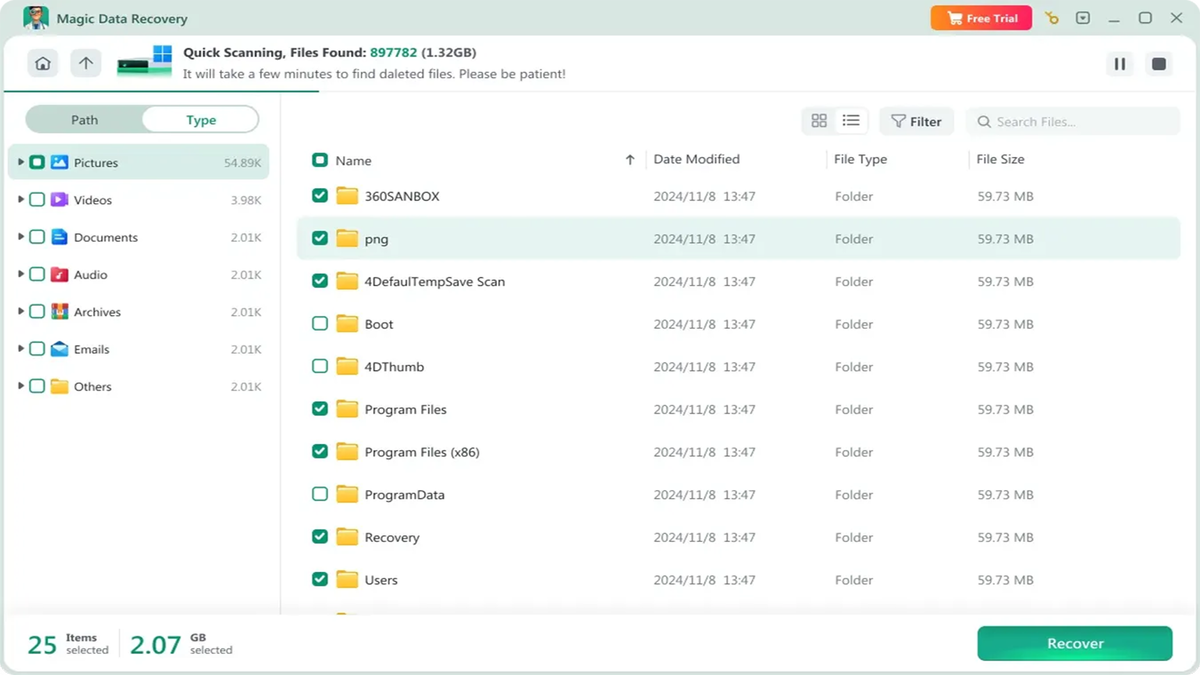 Magic Data Recovery scans the selected drive for deleted, formatted, or lost files.