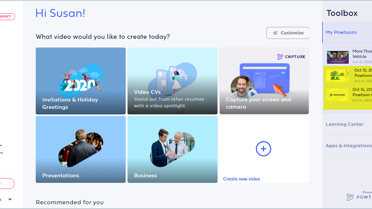 Powtoon's dashboard