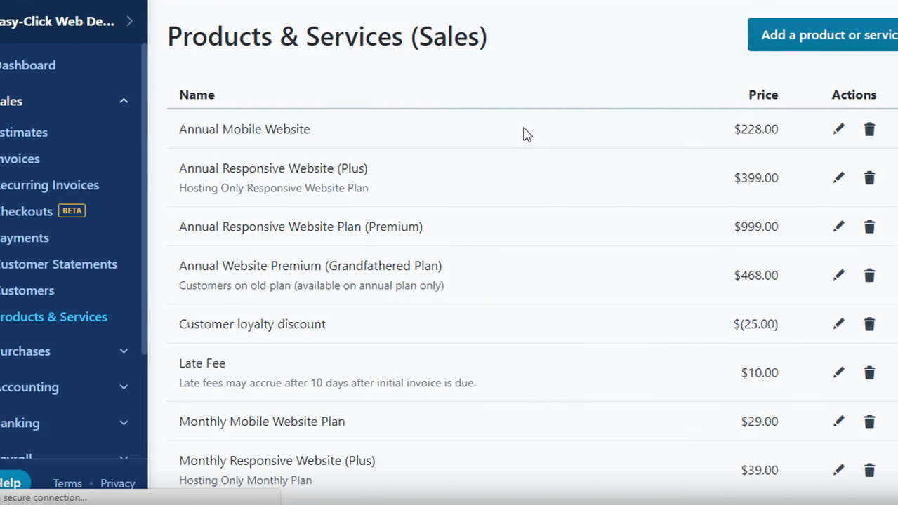 Product and service list with pricing