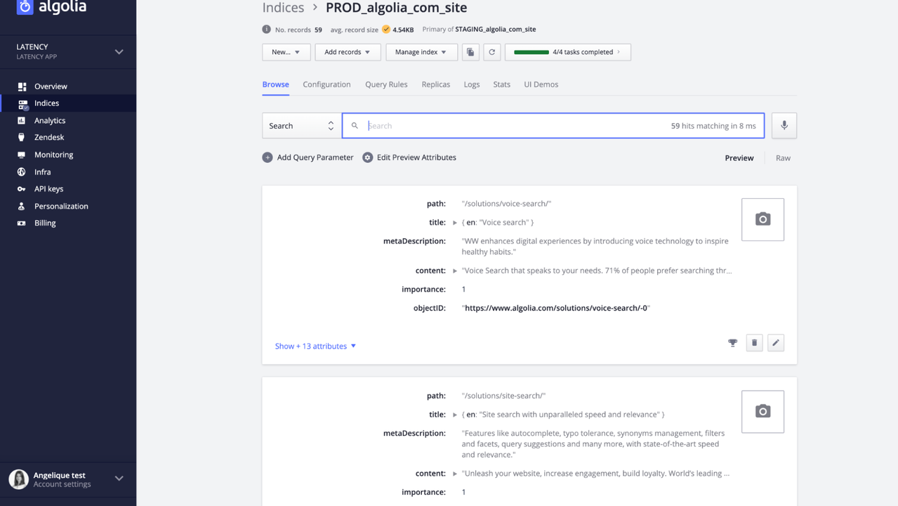Algolia indices dashboard tab