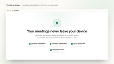 Pandecho privacy screen headlined "Your meetings never leave your device," listing on-device transcription, on-device AI summaries, no bot in calls, and one-time purchase. thumbnail