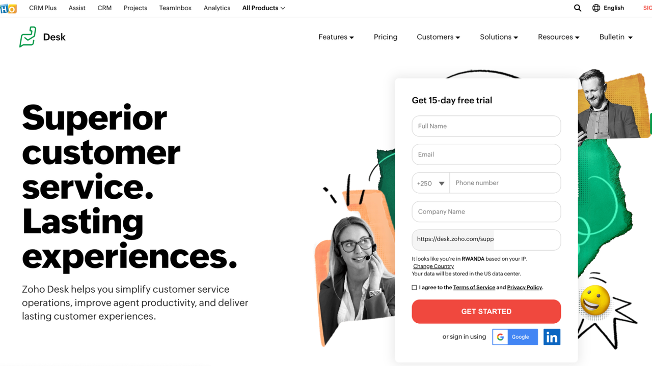 Zoho Desk homepage