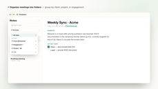 Pandecho Notes view with a folder menu open, grouping meetings into folders like Acme, Engagement 1, and Product, beside an AI-generated meeting summary and action items. thumbnail