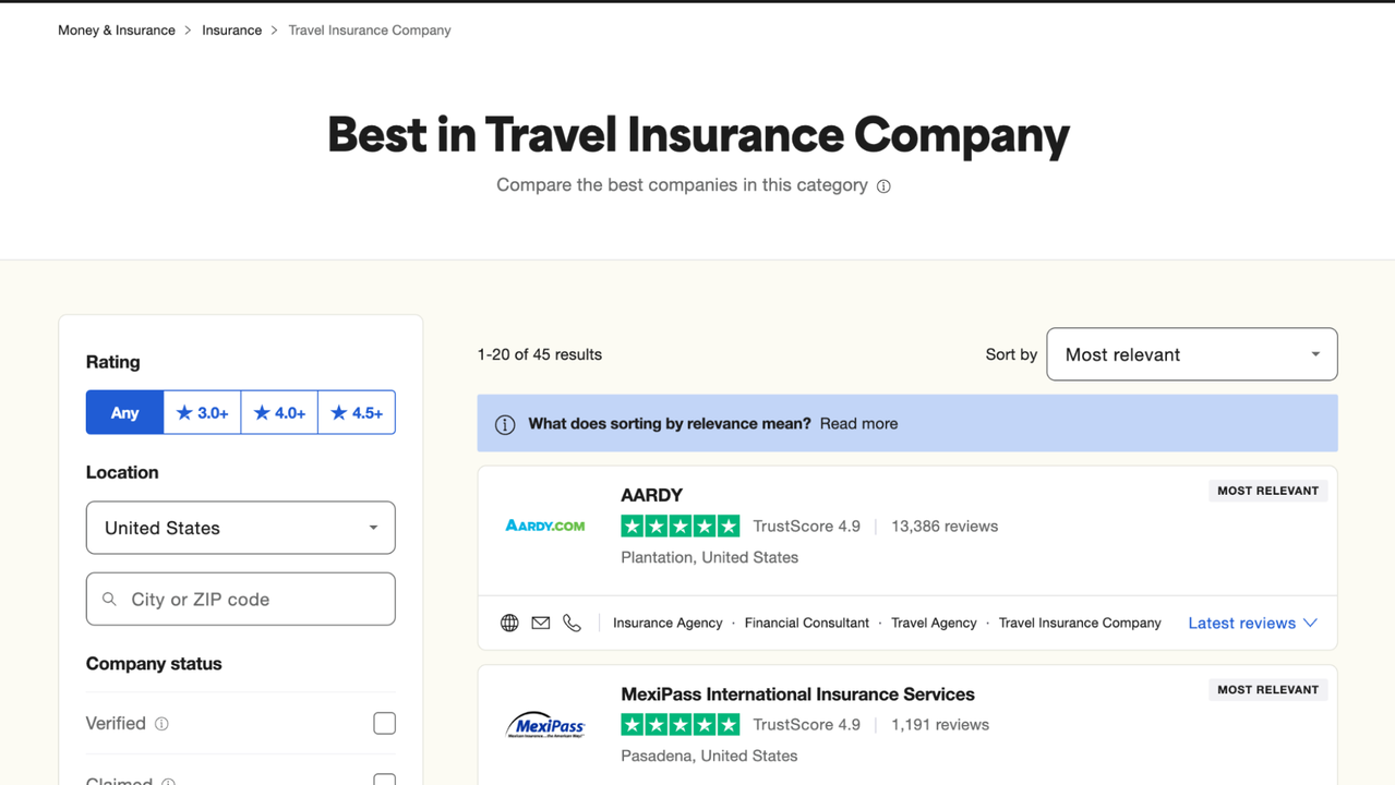 Compare companies in a business category