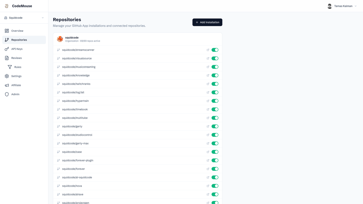 CodeMouse Repositories page — the GitHub App active across all of an organization's repositories, each one toggleable.