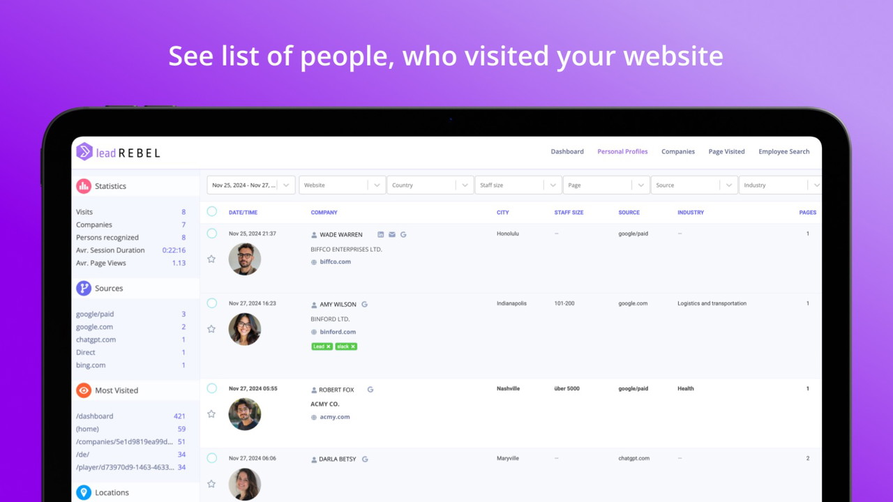 LeadRebel dashboard showing identified website visitors