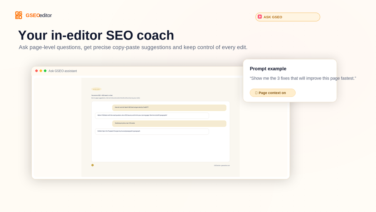 GSEOeditor content editor showing live SEO, GEO and E-E-A-T scoring while you write.