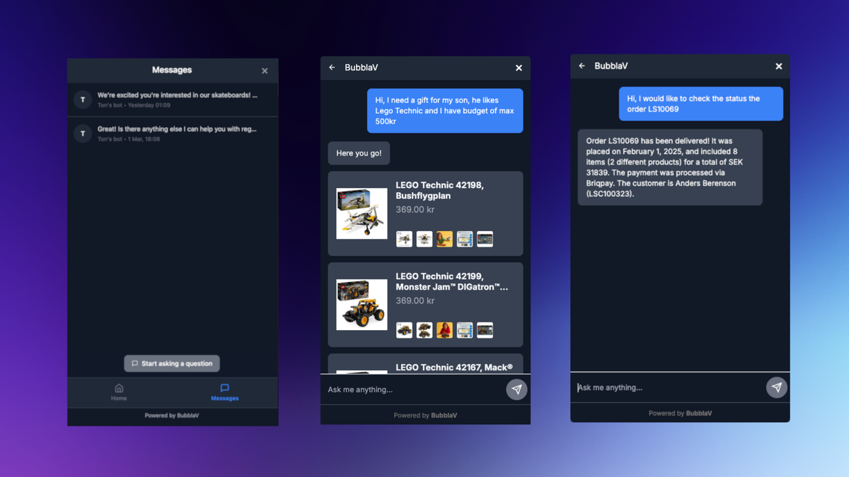 Pull order data, search products, answer questions, all automated by BubblaV