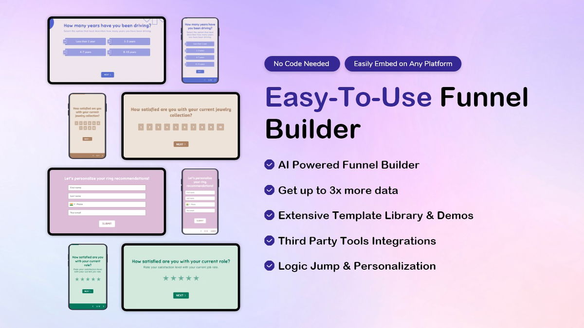 Build quizzes, surveys, and forms with ease using AI, templates, integrations, and a mobile-friendly funnel builder.