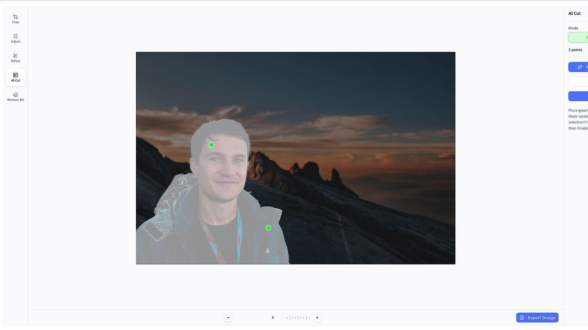 BackgroundCut AI Cut tool selecting a person from a landscape image for precise subject extraction