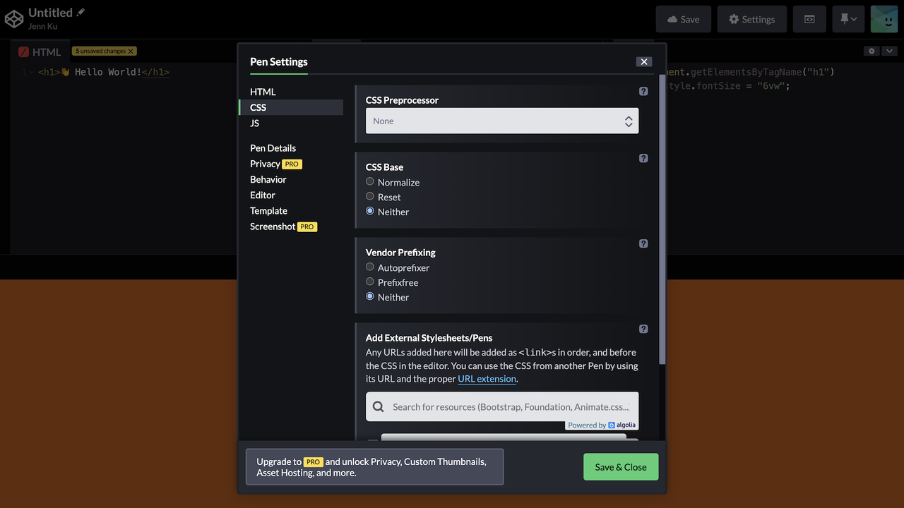 Codepen settings
