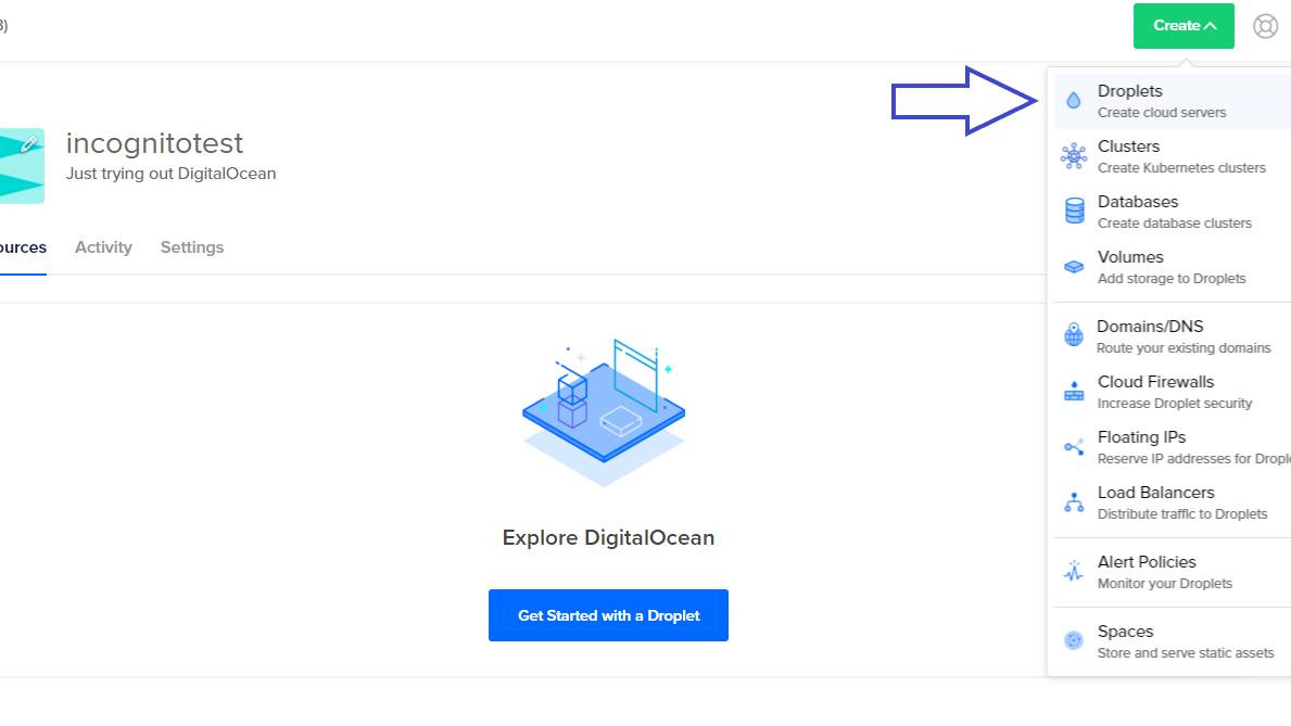 DigitalOcean dashboard to launch and connect