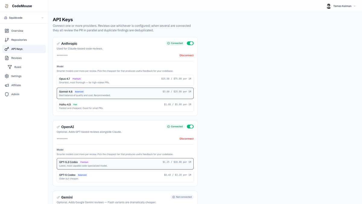 CodeMouse API Keys page — connect your own Anthropic, OpenAI, and Gemini keys with per-model pricing; reviews run on whichever you configure, in parallel.