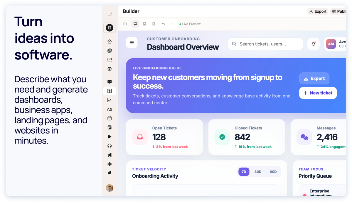 Opsbliss Builder creating a production-ready dashboard and application from a natural language prompt with live preview.