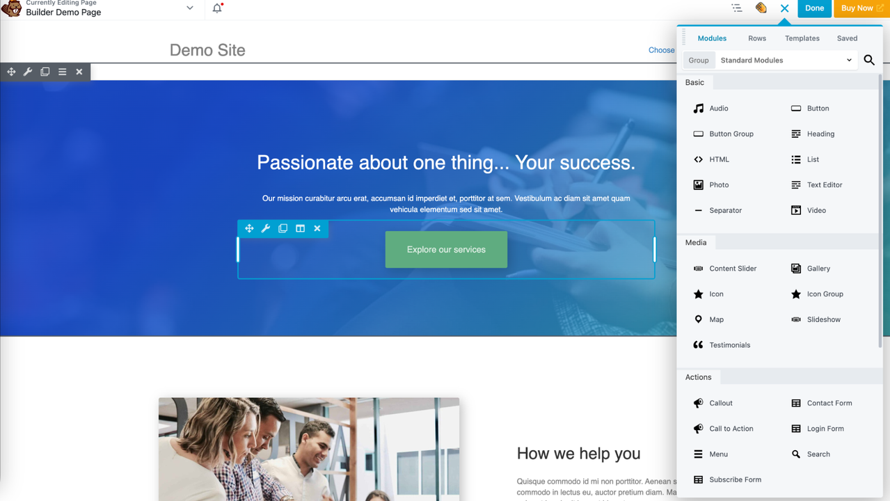 Add modules to your page like buttons or testimonials