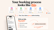 An infographic comparing a complicated booking journey—moving from Instagram to Linktree, a website, and Calendly—with a simpler one-link solution. The graphic shows how multiple steps cause potential clients to leave, while a single booking page helps th thumbnail