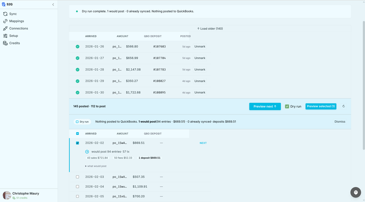 S2Q Sync screen showing a free dry run: a selected Stripe payout expands to reveal it would post 94 entries across 57 transactions (43 sales, 50 fees, one deposit) with nothing posted to QuickBooks yet.