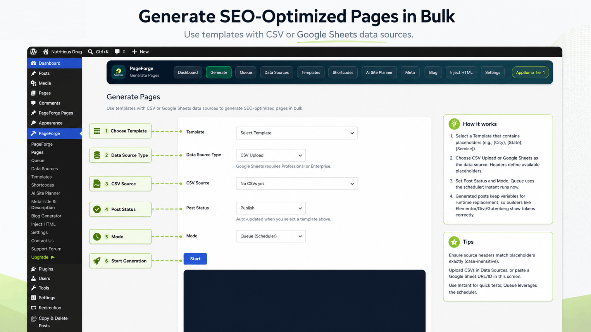 Ceate SEO-optimized WordPress pages in bulk using CSV or Google Sheets, templates, publishing controls, and scheduled generation.