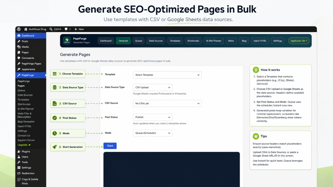 Ceate SEO-optimized WordPress pages in bulk using CSV or Google Sheets, templates, publishing controls, and scheduled generation.