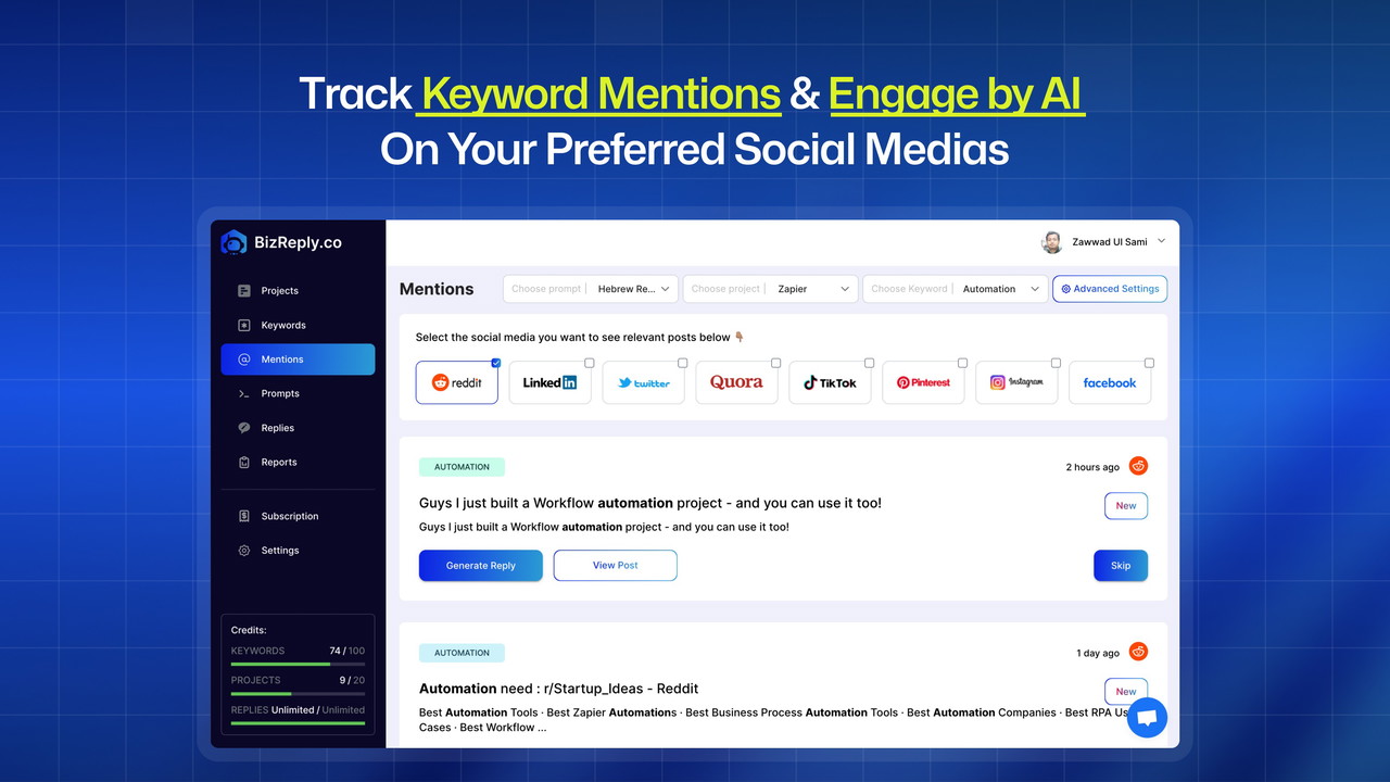 BizReply dashboard showing keyword mention tracking across platforms