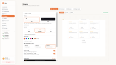 Widget customization interface with layout options, colors, branding controls, and live preview. thumbnail