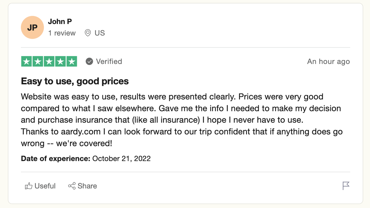 Verified customer review of travel insurance brand