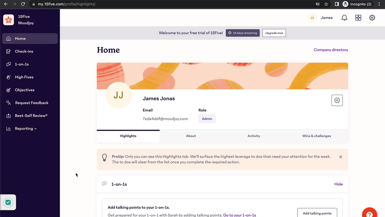 15Five dashboard home with an overview of your tasks
