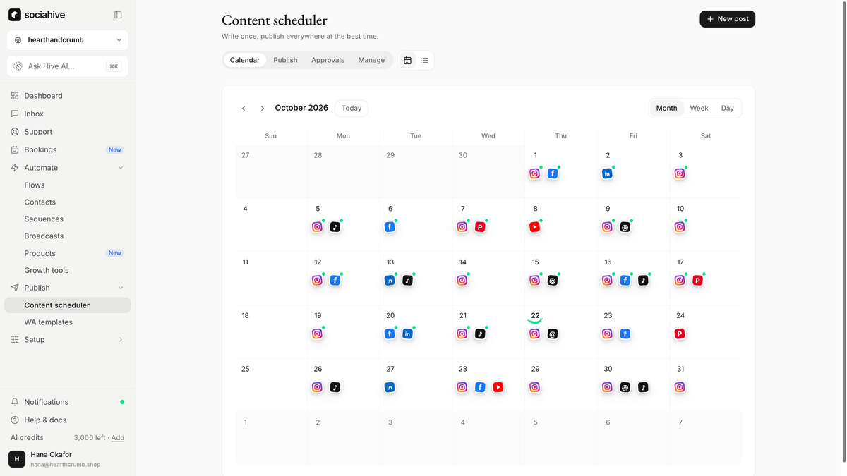 Schedule a month of posts to 22 platforms in one sitting