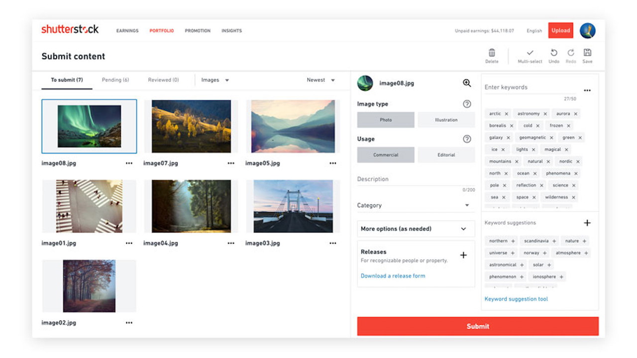 Submit content to Shutterstock