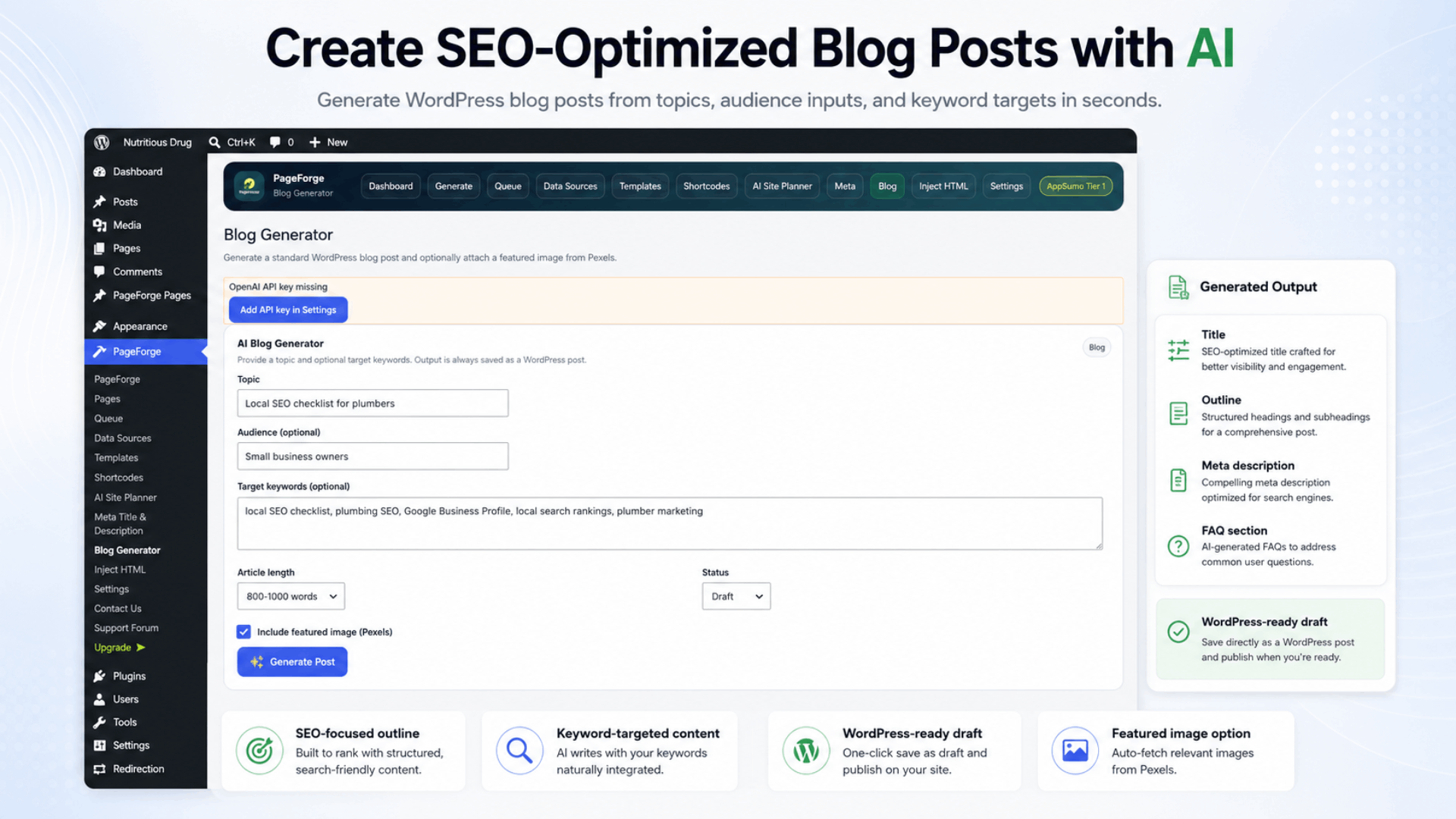 PageForge AI Blog Generator creating SEO-optimized WordPress posts from topics, audience details, target keywords, article length, and featured image settings.