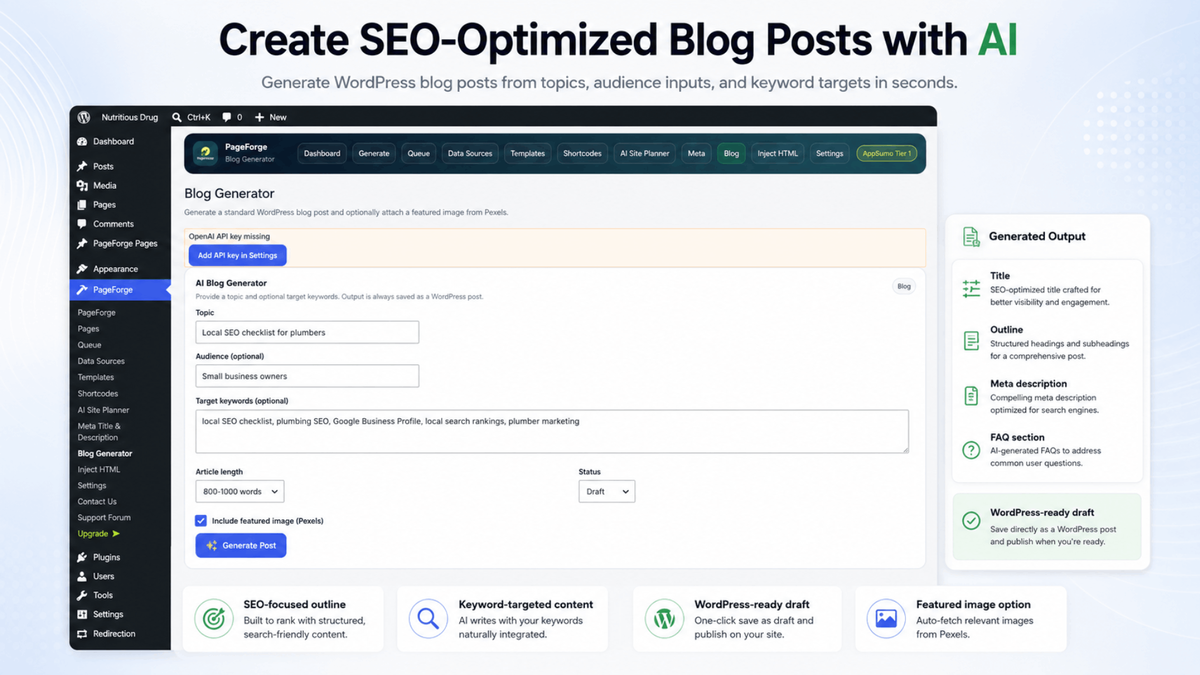 PageForge AI Blog Generator creating SEO-optimized WordPress posts from topics, audience details, target keywords, article length, and featured image settings.