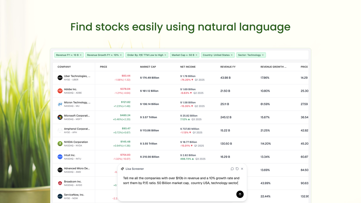 Screen stocks using natural language