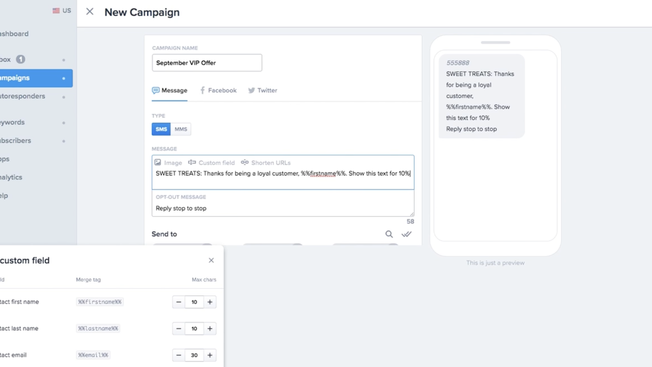 Use custom fields to personalize your SMS