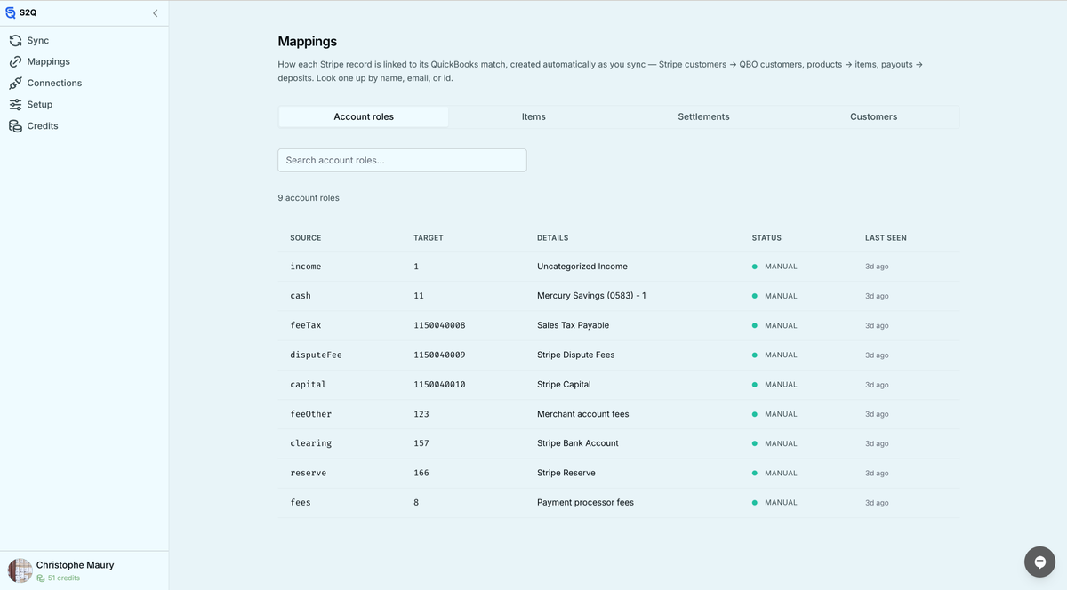S2Q Mappings screen listing how Stripe account roles like income, fees, clearing, and reserve are linked to specific QuickBooks Online accounts, each created automatically as you sync.