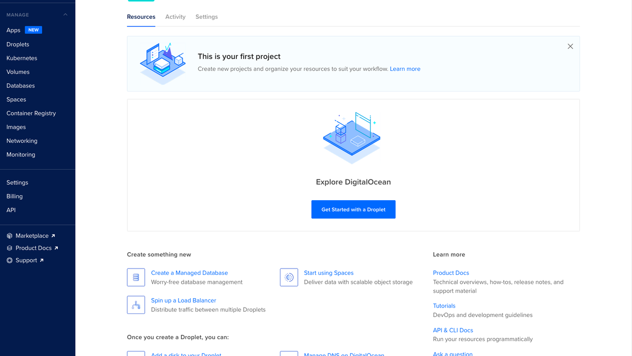 Start a new project on DigitalOcean