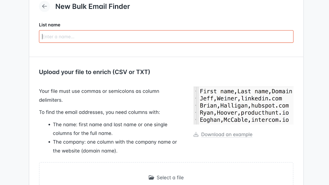 Hunter.io bulk email finder