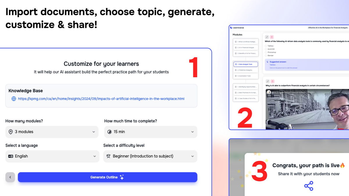 Build custom course in 3 easy steps: Choose your topic, generate modules, and share with your team!