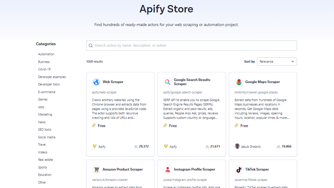 Browse ready-made actors for your web scraping project