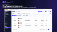 BusinessHRM employee management dashboard showing employee profiles, roles, reporting lines, status records, and a searchable employee table in a modern HR software interface. thumbnail