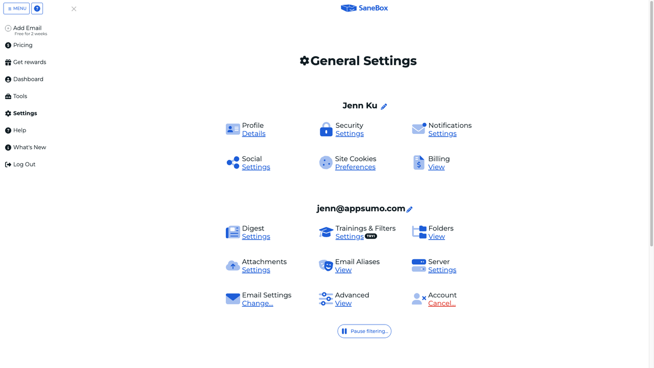 Sanebox general settings