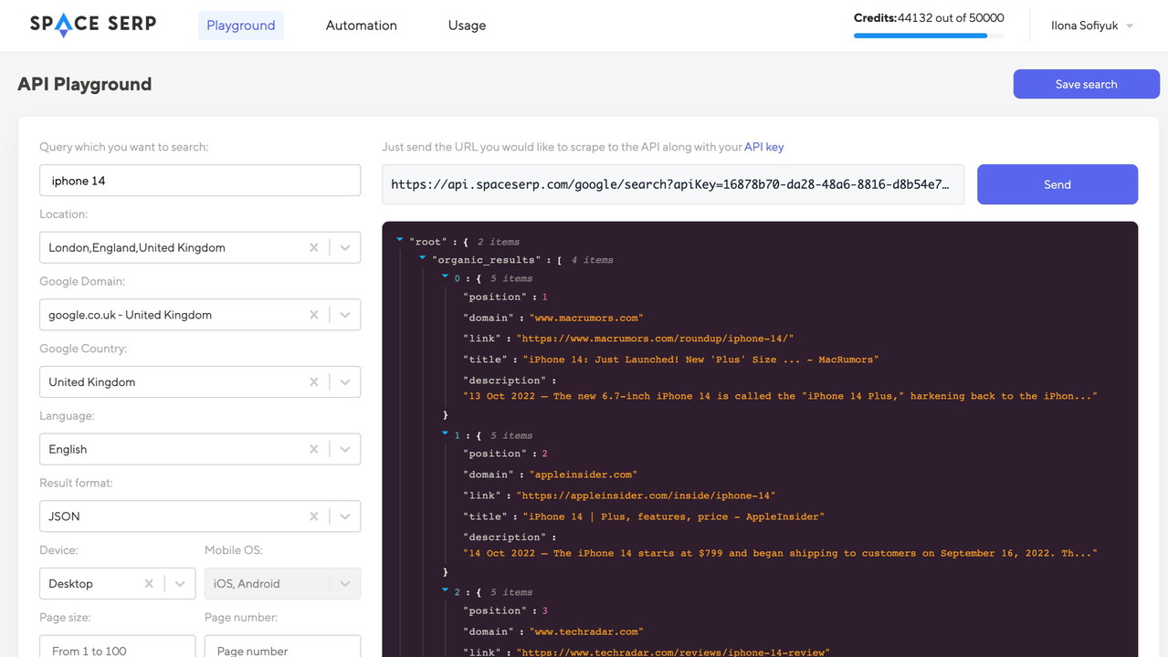 SpaceSerp API Playground Interface