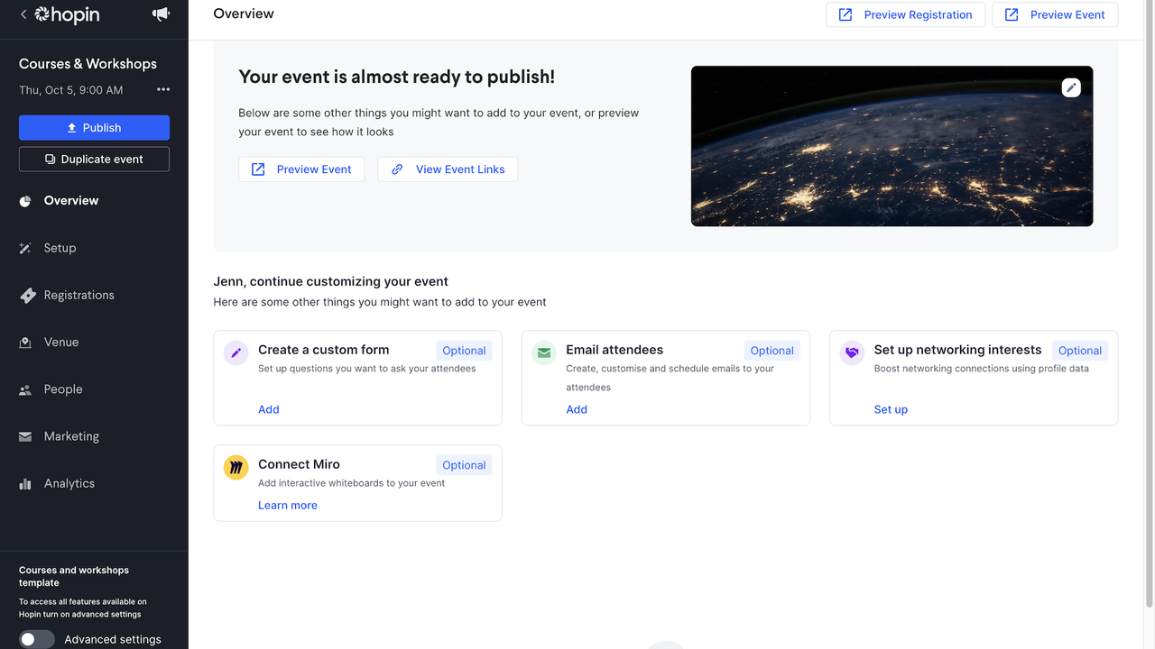 Hopin dashboard overview