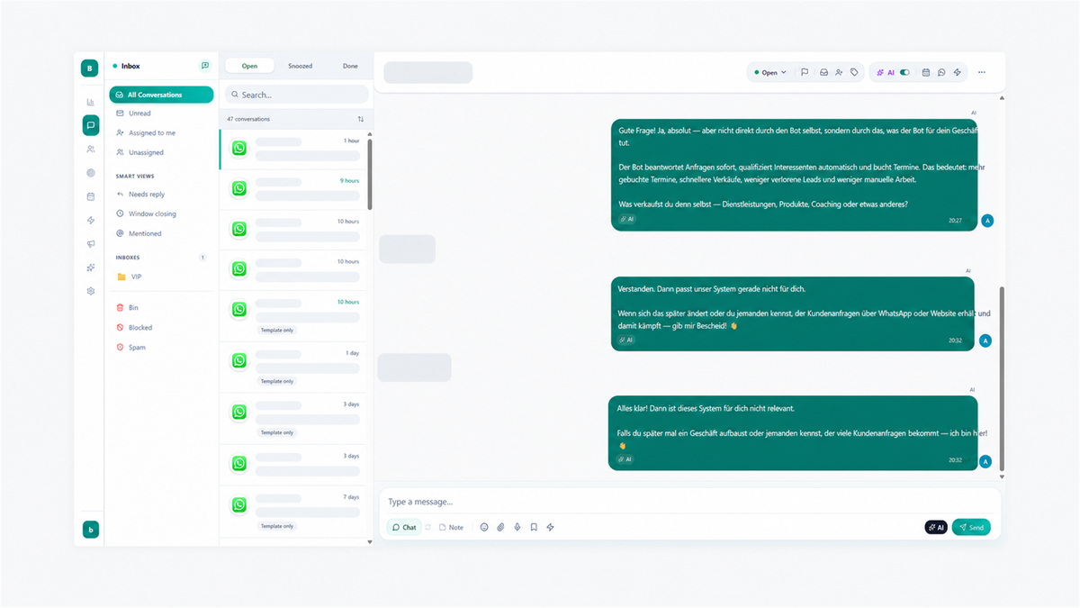 Be Digital unified WhatsApp inbox with AI-assisted customer messaging and contact management.”