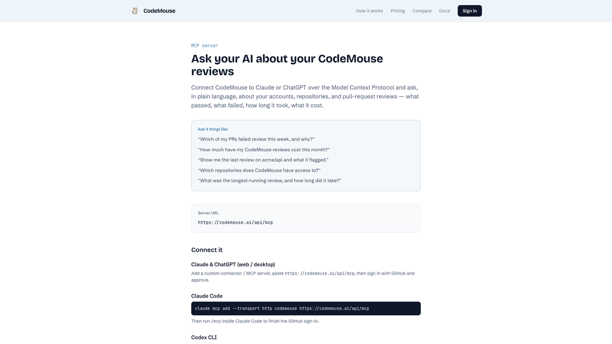 CodeMouse MCP server page — connect Claude or ChatGPT to ask about your reviews in plain language.