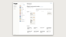 HQUE platform Workspace dashboard with client list, an assigned-task board, and a watching grid. thumbnail