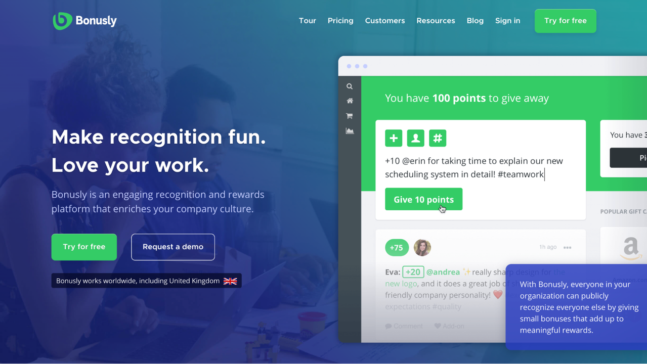 Bonusly homepage